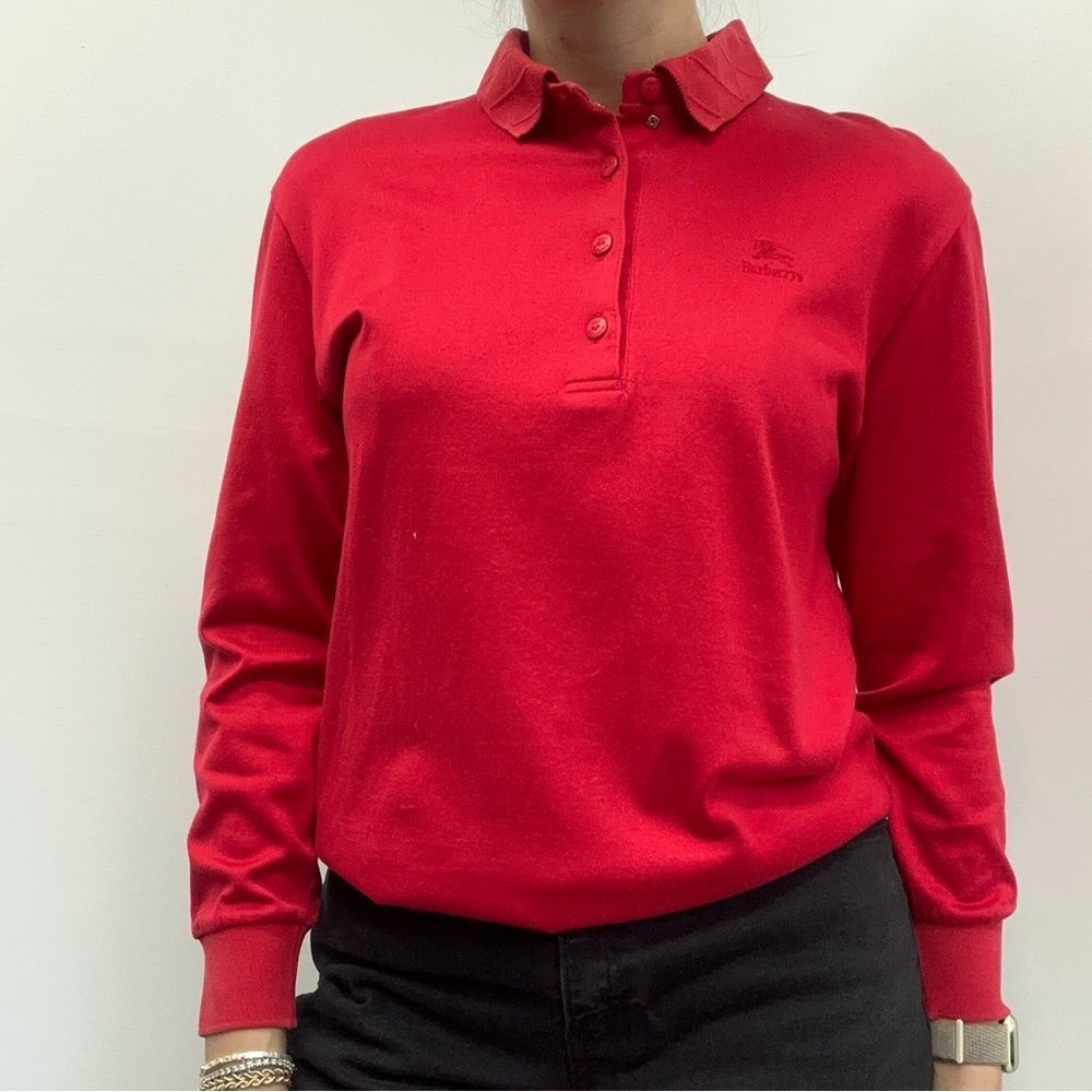 Burberry Vintage Red Long Sleeve Polo Pullover Top Collared Embroidered Logo S